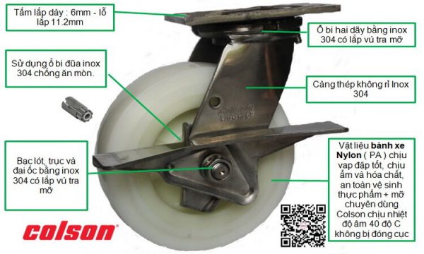bánh xe đẩy càng inox nhựa nylon xoay khóa chịu lực banhxecolson.com