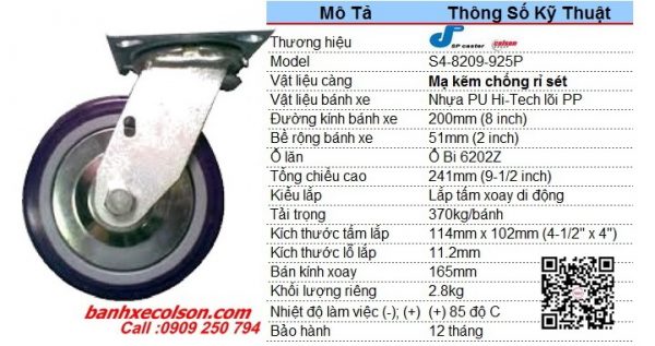 Kích Thước Bánh Xe Chịu Lực 370kg Pu 200x51 Càng Xoay S4 8209 925p Banhxecolson.com