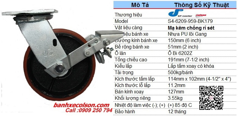 thông số bánh xe pu lõi thép d150 tải 500kg có khóa S4-6209-959-BK179 banhxecolson.com