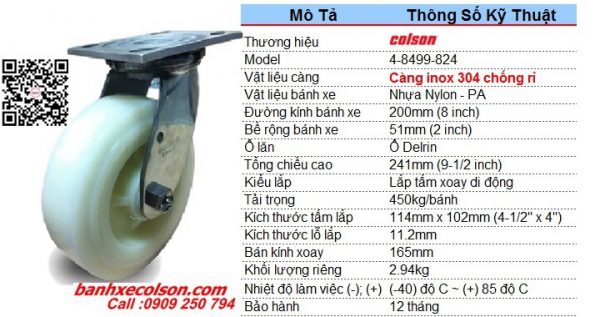 thông số bánh xe đẩy nhựa càng inox 304 xoay 200x51mm 4-8499-824 banhxecolson.com