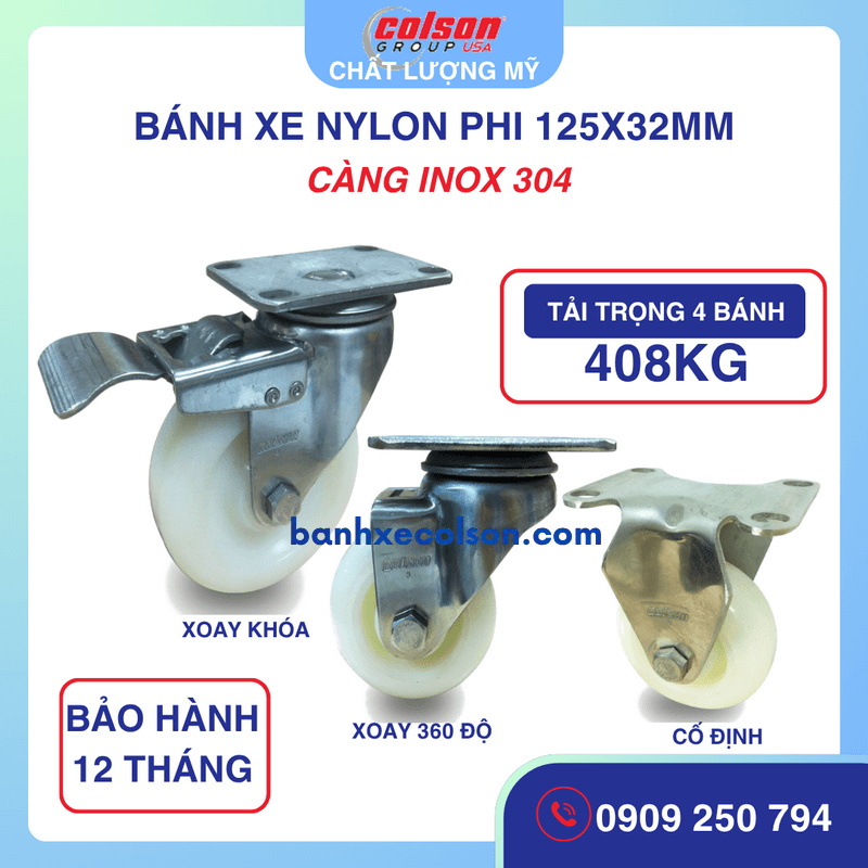 Bộ 4 Bánh Xe Đẩy Nylon 125x32mm Càng Inox Colson Mỹ - Chịu Lực 408kg