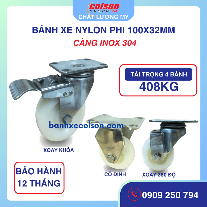 Bộ 4 Bánh Xe Đẩy nhựa trắng 100x32mm Càng Inox Colson Caster