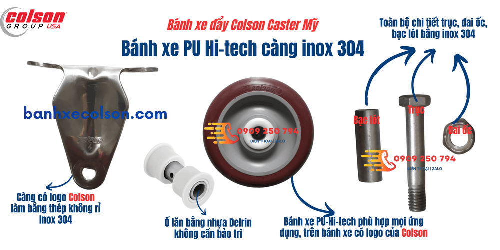 Mô tả chi tiết bánh xe đẩy PU Hi-tech càng inox cố định Colson Mỹ